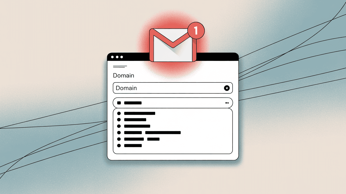 Gmail filter creation interface showing domain-based email filtering setup dialog with filter options and domain input field