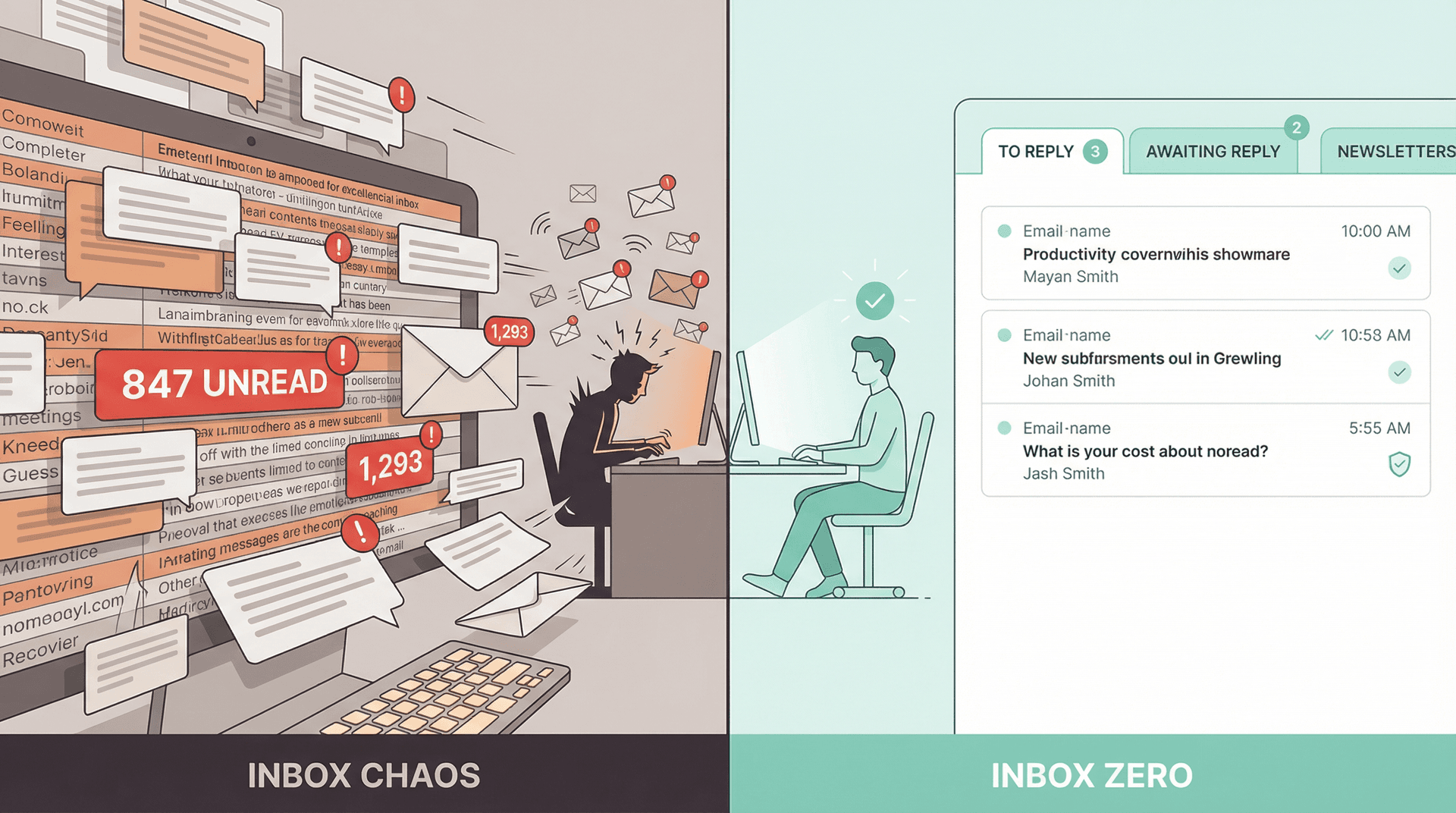 Chaos vs. calm: overwhelming email inbox overflowing with unread messages vs. clean organized inbox with labeled tabs
