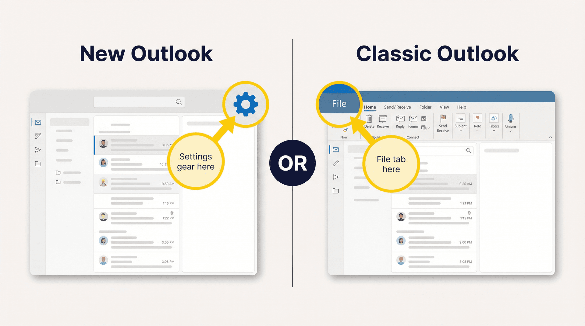 Side-by-side comparison showing how to identify new Outlook vs classic Outlook by the gear icon and File tab