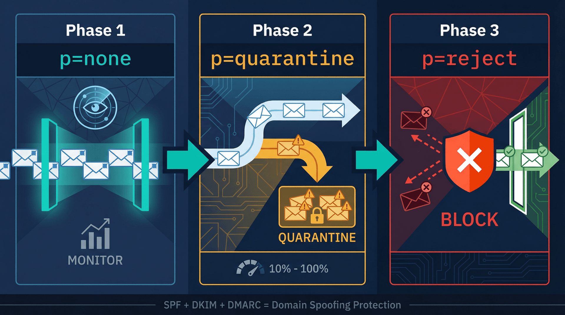 Three-phase DMARC rollout diagram showing progression from p=none monitoring through p=quarantine to p=reject enforcement