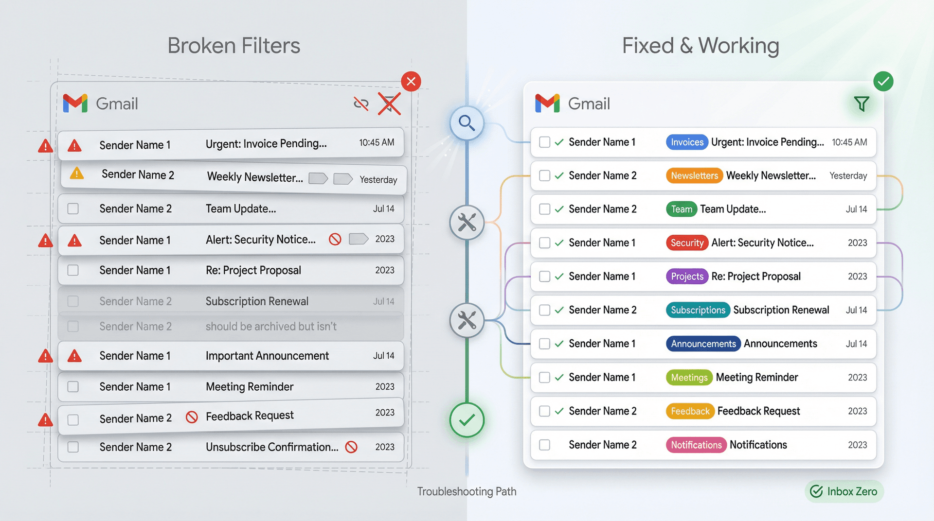 Visual comparison showing Gmail inbox before and after fixing broken filters with diagnostic overlay