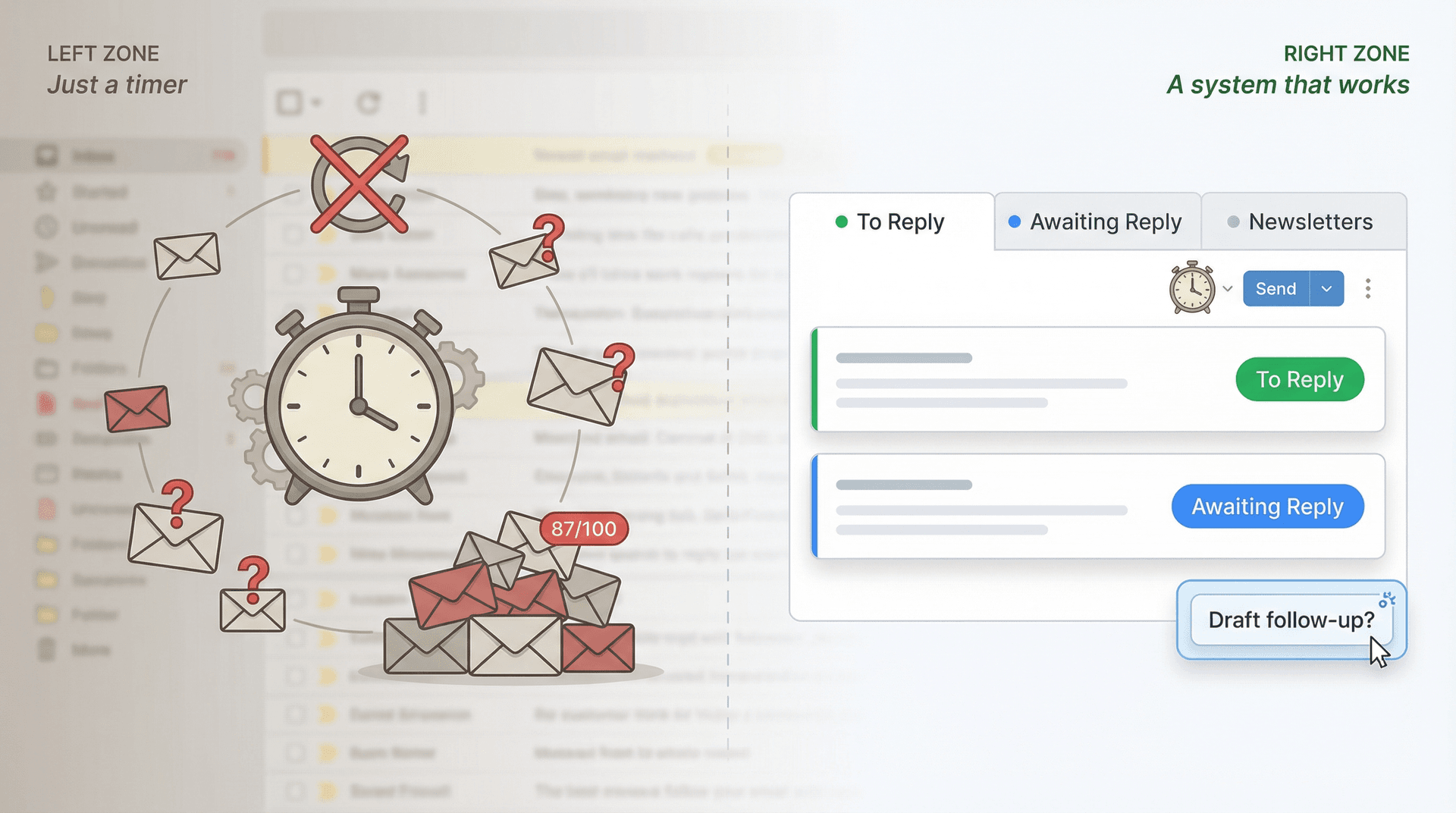Editorial illustration contrasting Gmail's lone schedule-send timer with Inbox Zero's complete email workflow system